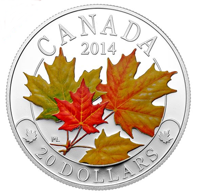 2014 $20 Silver Proof Coin - Majestic Maple Leaves COLOUR